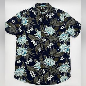 Denim & Flower Hawaiian Button Down Shirt Slim Fit Large Tropical Floral Navy